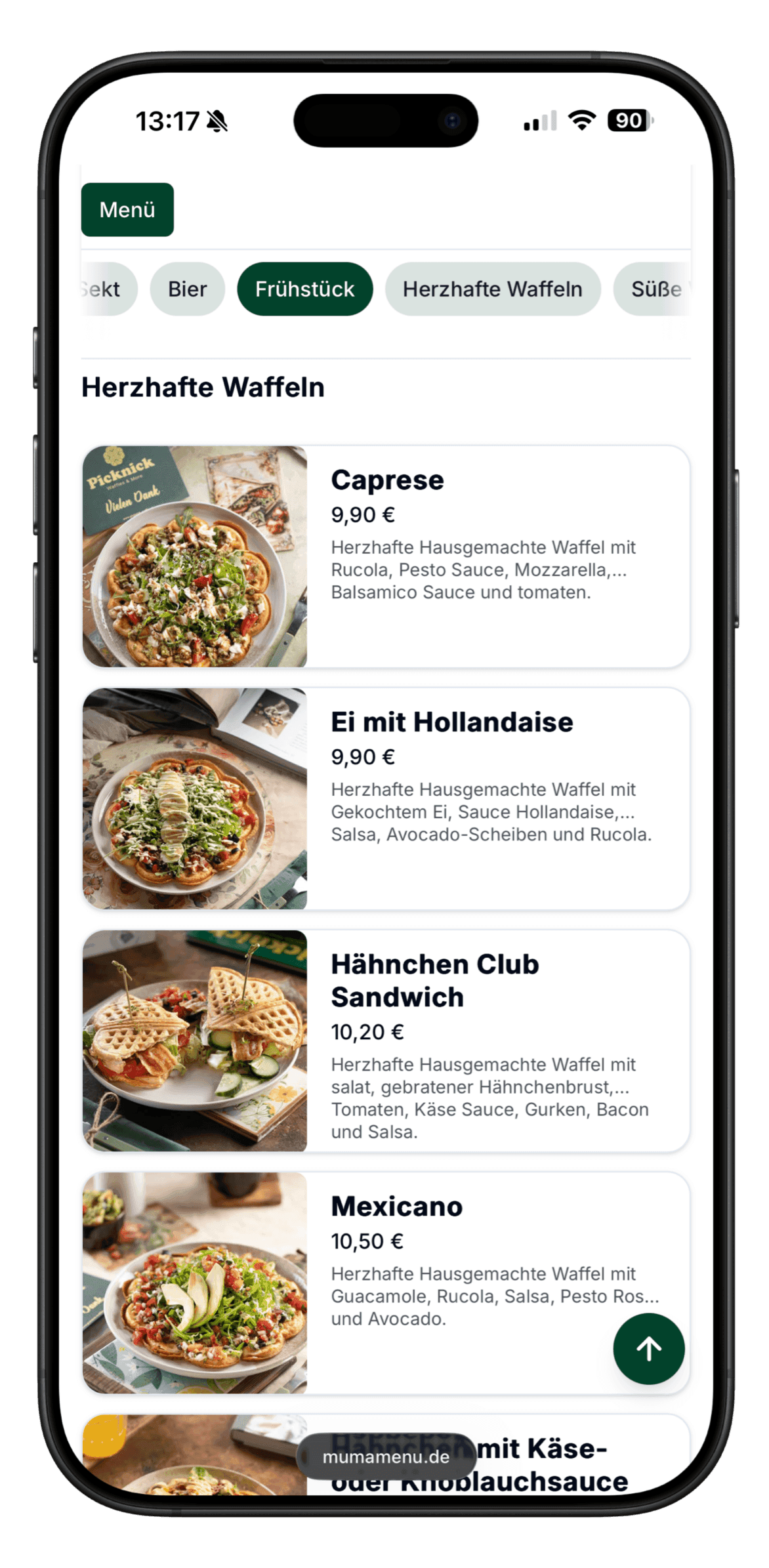 mumamenu screen on smartphone